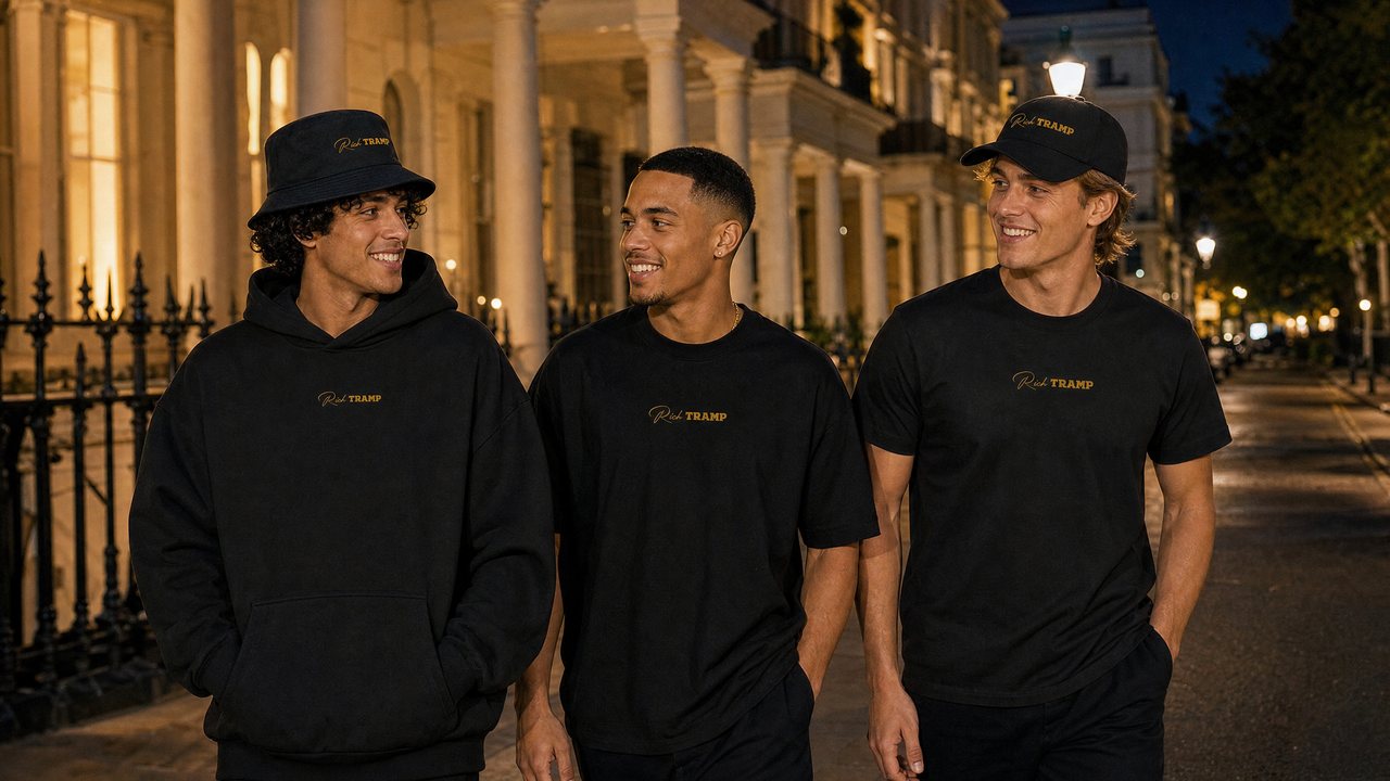 Three men in black Rich Tramp tees, a hoodie and caps with the gold logo walking through Kensington at night