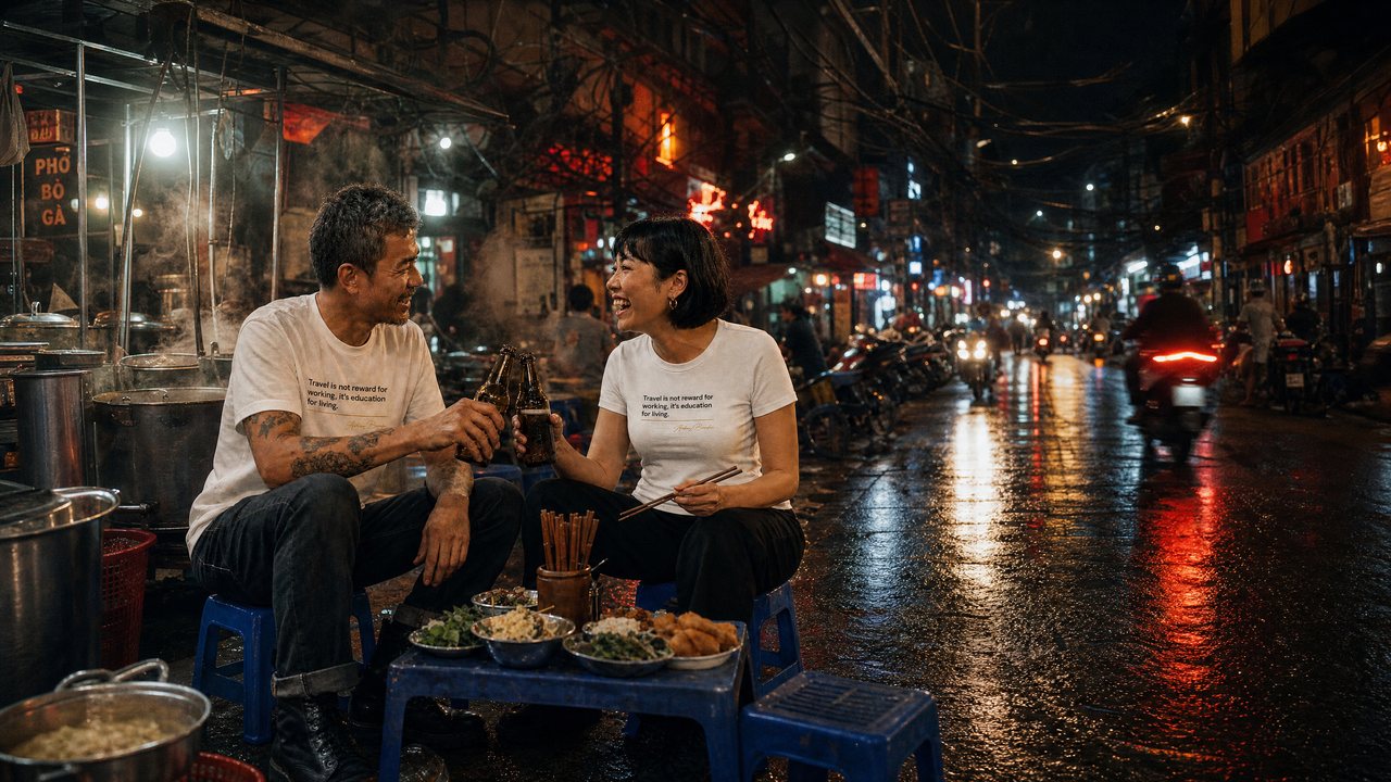 Two friends clinking beers on low plastic stools at a Hanoi street food stall at night