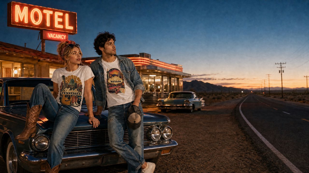 A couple in Nashville and Nevada tees leaning on a vintage car outside a neon-lit motel at dusk