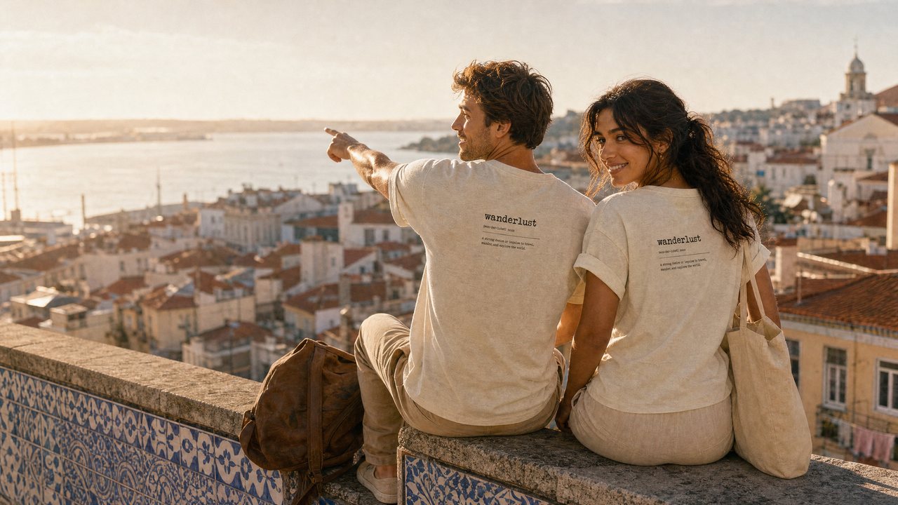 Two travellers in cream Wanderlust tees sitting on a tiled wall overlooking Lisbon at sunset